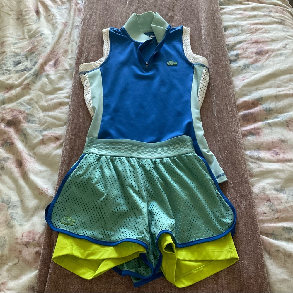 Lacoste Blue Tennis Dress with Mint Mesh Skort and Neon Yellow Shorts